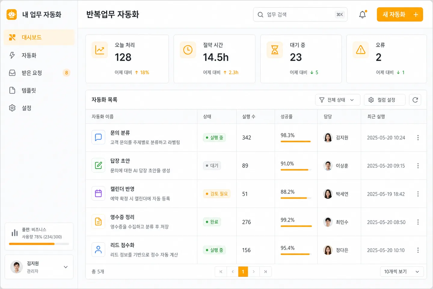 반복업무 자동화 서비스 화면