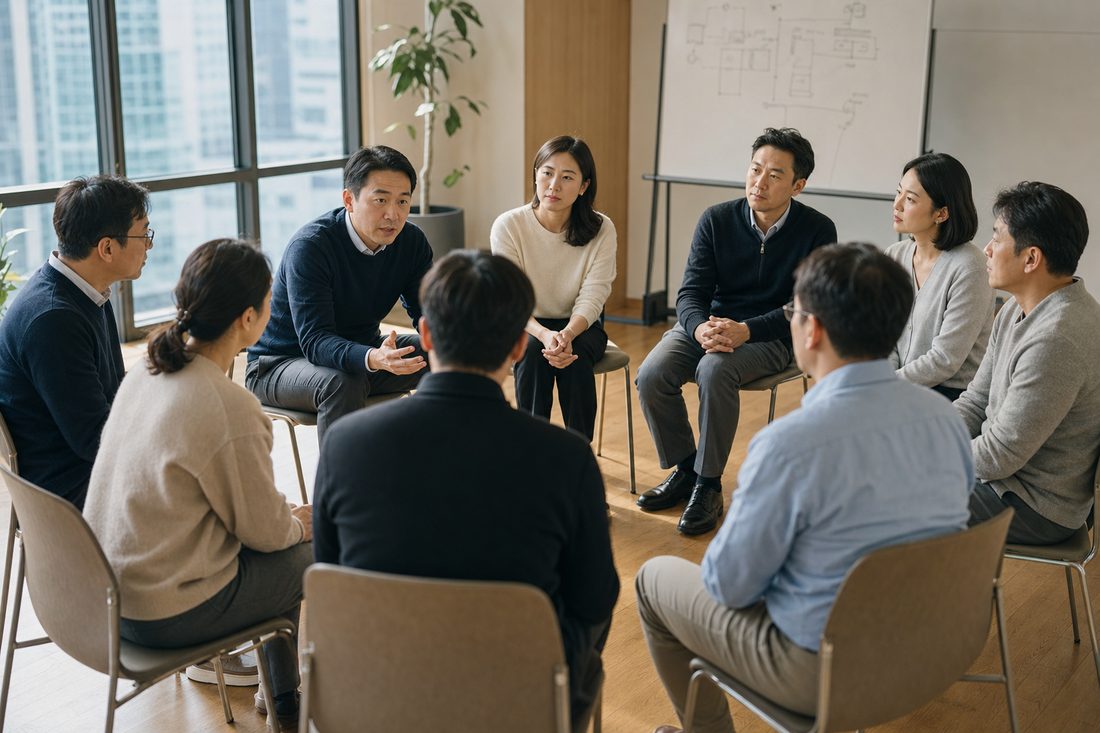 리더들이 팀원 사례를 놓고 토론하는 강점 리더십 워크숍 장면 예시