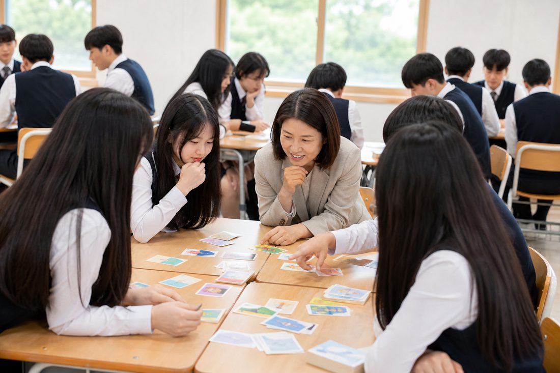 학생들이 모둠에서 강점 카드를 고르는 워크숍 장면 예시