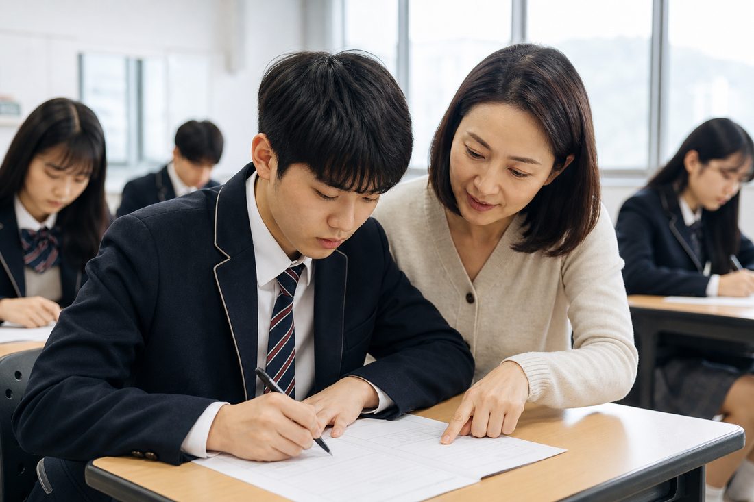 학생이 교사와 진로 설계 시트를 작성하는 워크숍 장면 예시