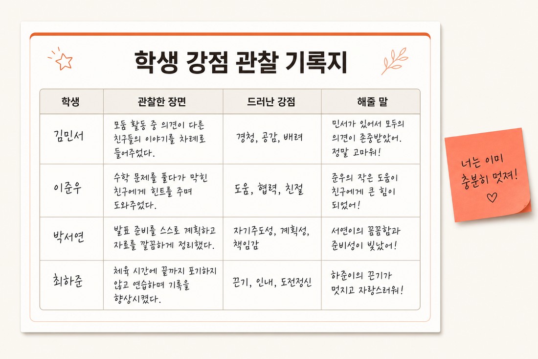 학생 강점 관찰 기록지 산출물 예시