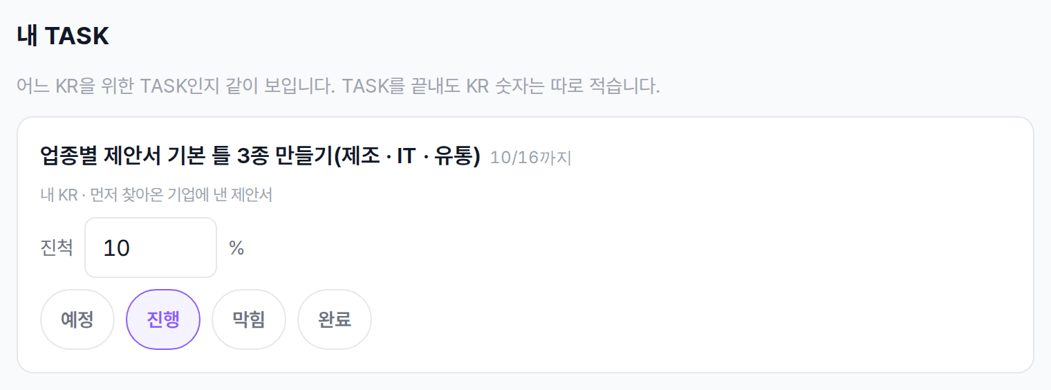 내 TASK 카드. 진척 % 칸과 상태 단추