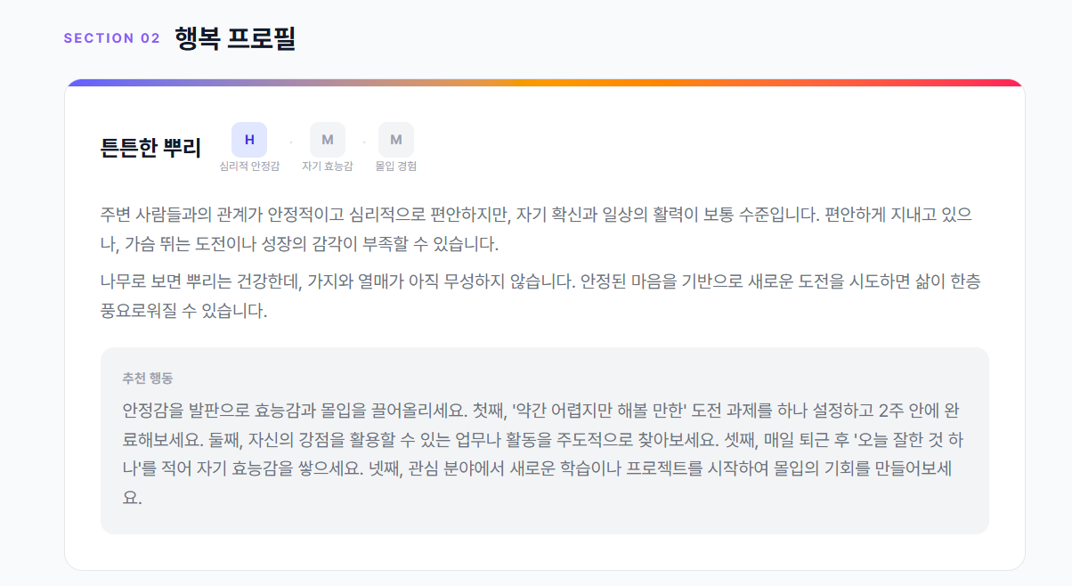 강점 & 주의 영역 - 강점 차원 상세 해석 (소속감, 의미)