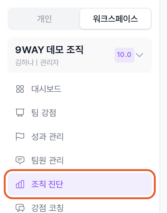 왼쪽 메뉴의 워크스페이스 이름과 그 아래 조직 진단 메뉴