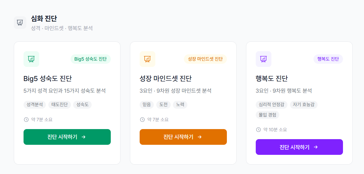 Big5 성숙도 진단 문항 응답 화면 - PART1 문장 선택 및 타이머 표시