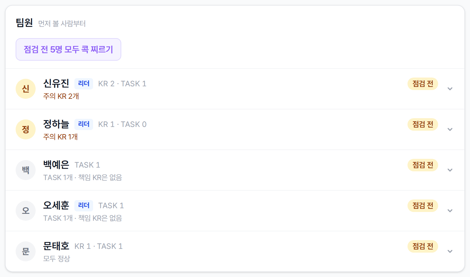 팀원 목록. 이름 옆 책임 KR · TASK 수와 점검 전 표시