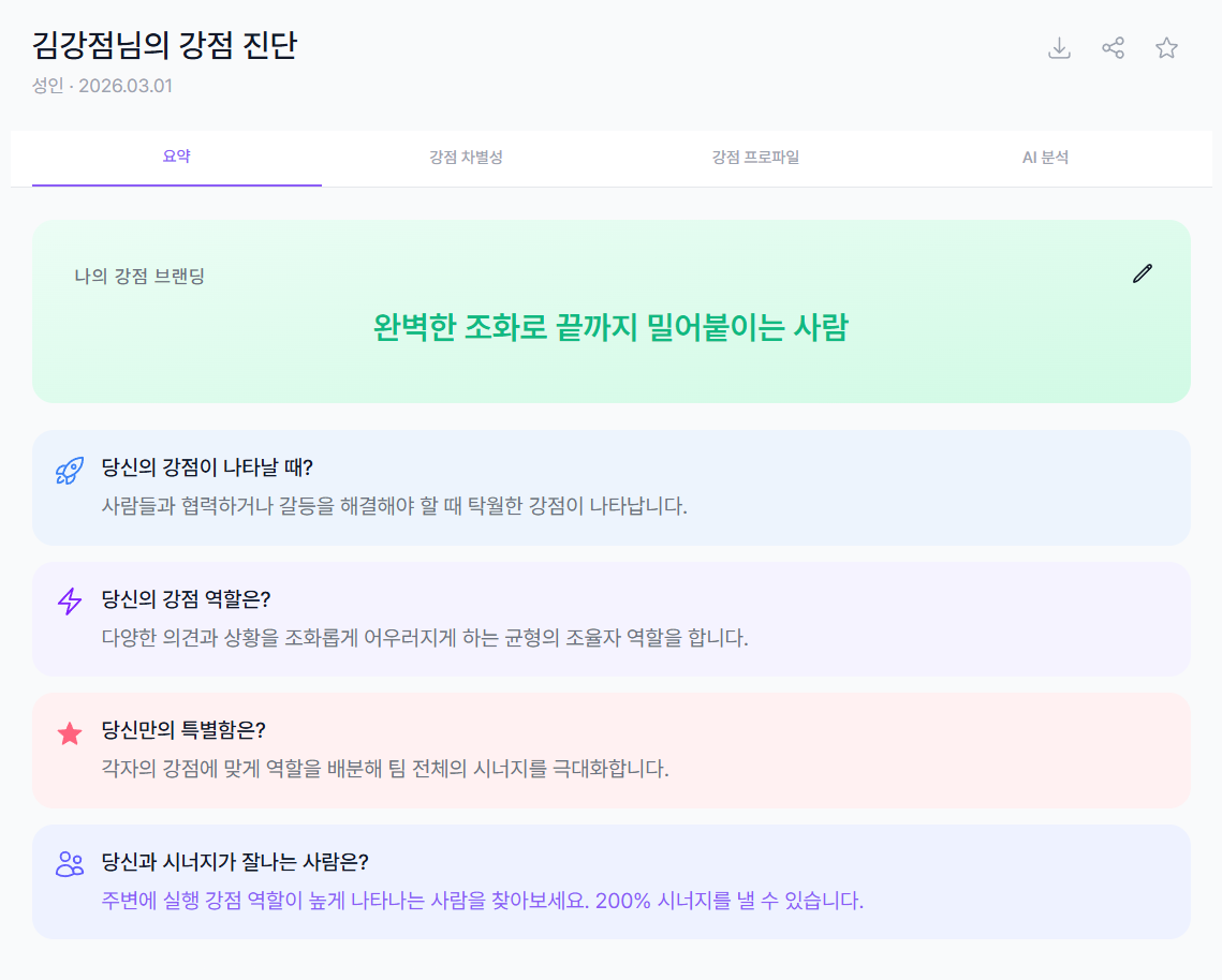강점 프로파일 탭 - 9WAY Matrix 선형 그래프 화면