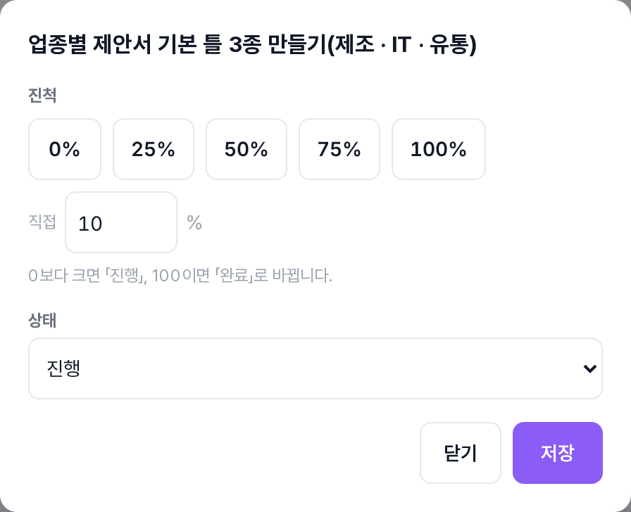 TASK 진척 창. 0% · 25% · 50% · 75% · 100% 단추와 직접 칸, 상태
