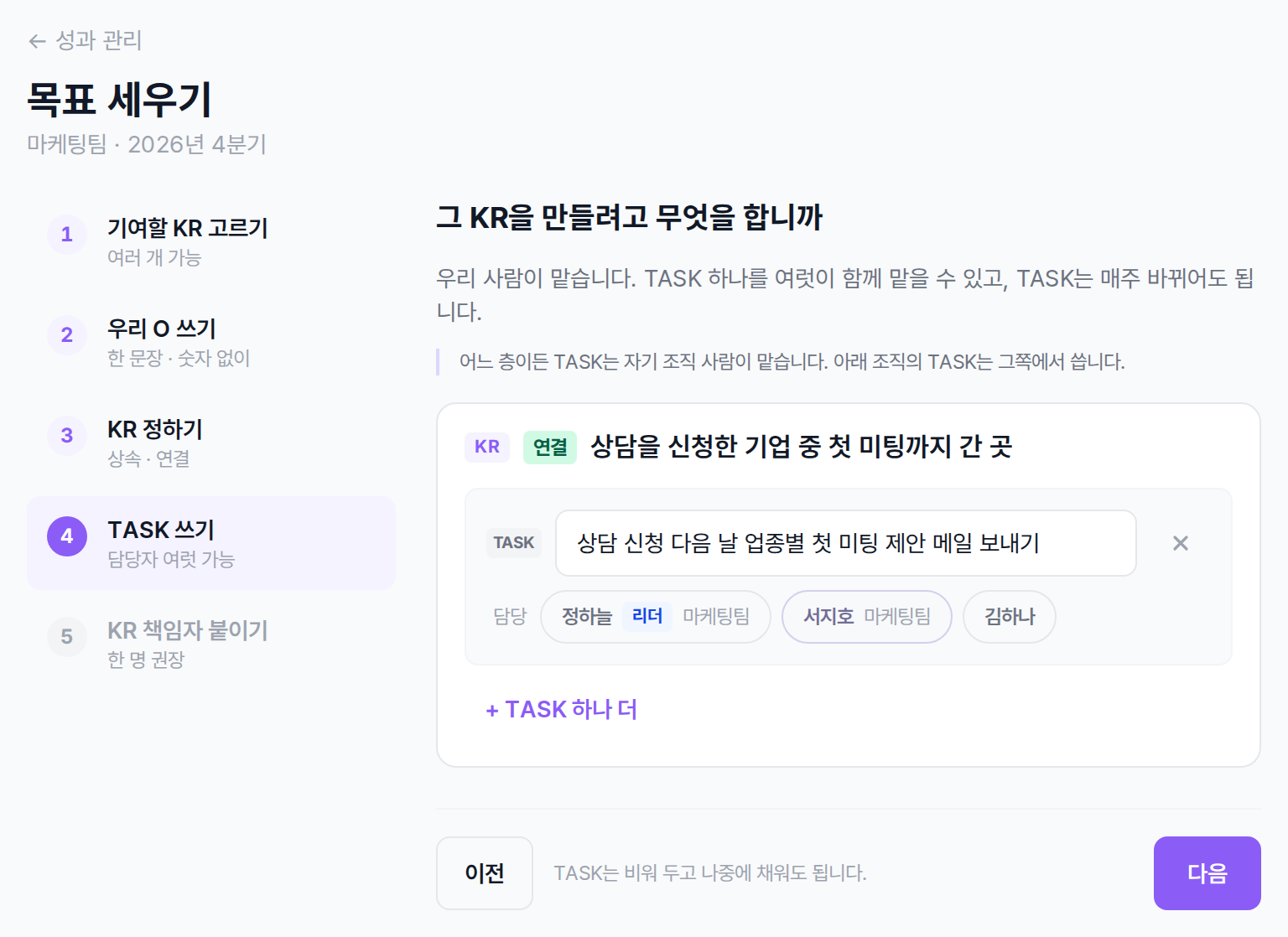목표 세우기 4단계 TASK 쓰기의 TASK 칸과 담당 칩