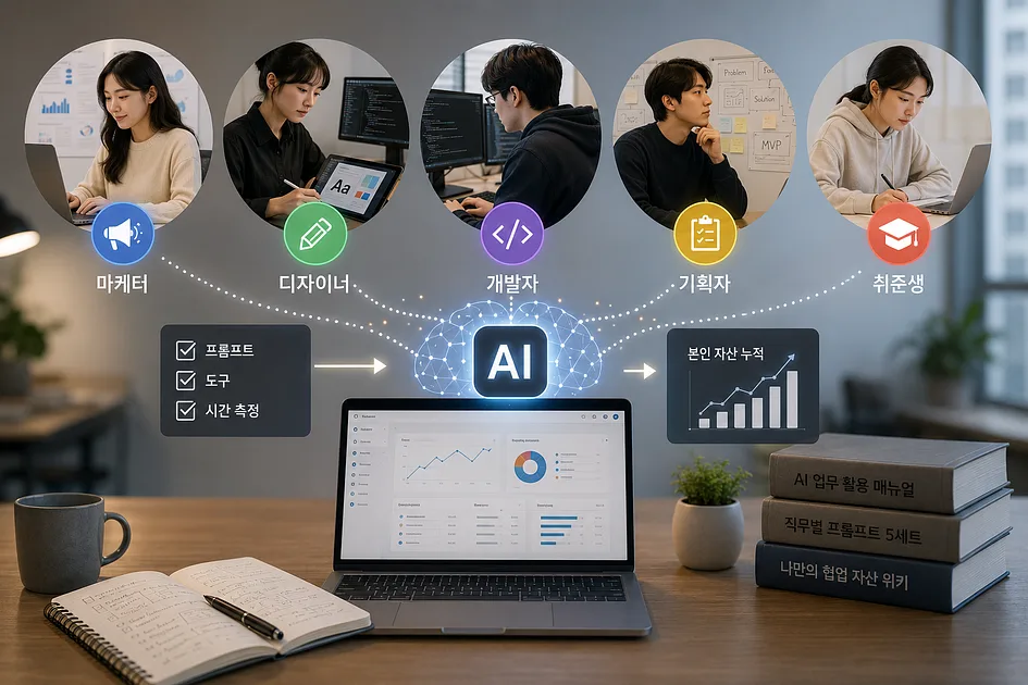 AI 안 쓰면 도태, 막 쓰면 도태 — 직무별 오늘부터 복붙하는 프롬프트·도구 매뉴얼 5세트