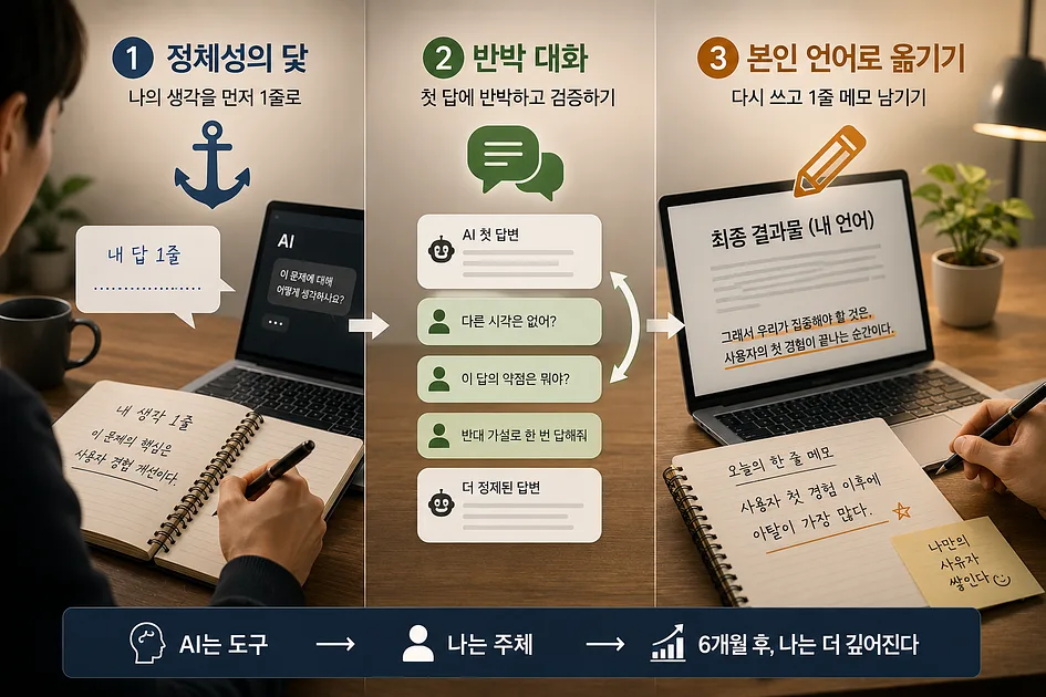 나를 잃지 않고 AI를 활용하는 3가지 심리기술 — 같은 AI를 쓰는데 6개월 후 한 사람은 깊어지고 한 사람은 사라지는 이유