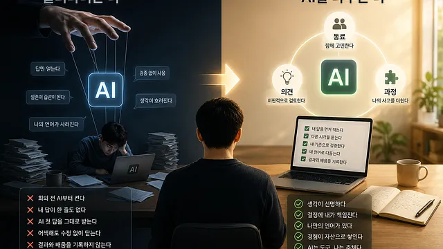 AI 사용 건강도 체크리스트 — yes가 3개 이상이면 이미 끌려다니고 있는 신호 / 다시 가져오는 3가지 관계 기술