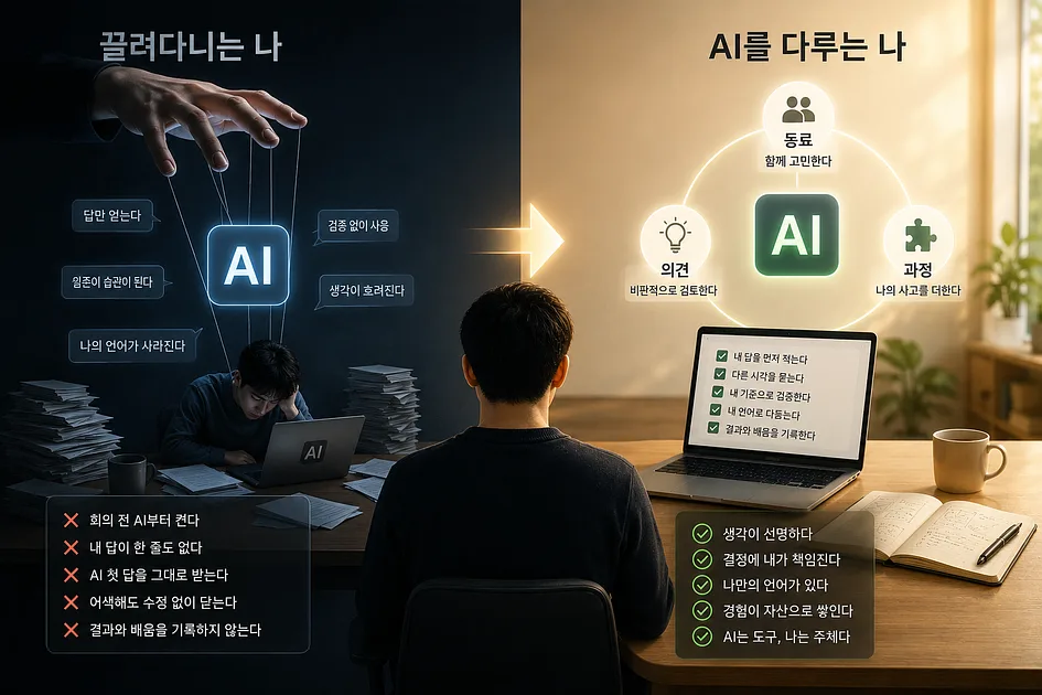 AI 사용 건강도 체크리스트 — yes가 3개 이상이면 이미 끌려다니고 있는 신호 / 다시 가져오는 3가지 관계 기술
